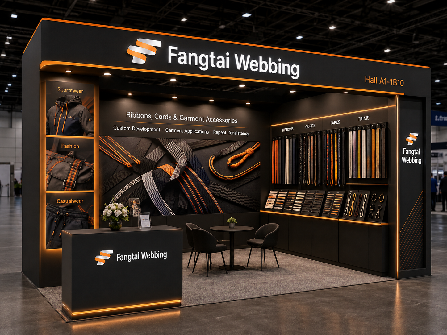 Fangtai Webbing dark grey and orange exhibition booth concept